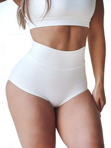 White Booty Shorts for Women High Waist Butt Lifting Spandex Biker Yoga Gym Dance Hot Pants Rave Outfits,Small