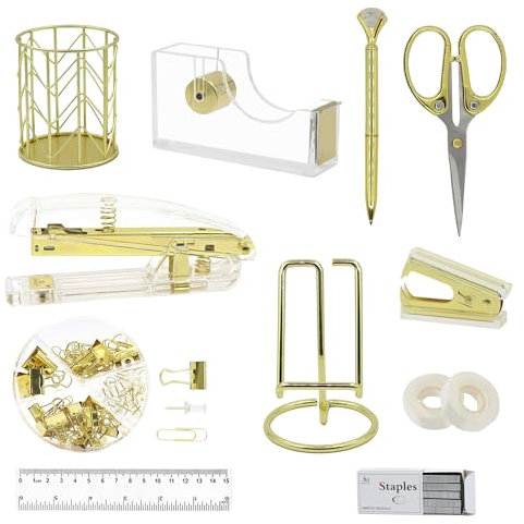 11-in-1 Goldfarbener Bürobedarf Schreibtischzubehör für Damen, Gold Bürobedarf, Klebebandhalter, Heftklammern, Schere und Tabs, Klammerentferner für Schule, Geschenke für Kollegen, Frauen