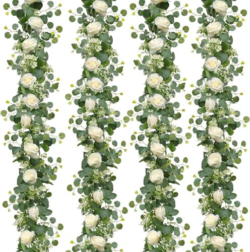 Dremisland 4PCS /24 FT Artificial Eucalyptus Flower Garland Summer Decor White Rose Garland Silk Flowers Fake Eucalyptus Plants Faux Vines Greenery Christmas Garlands for Wedding Table Runner Backdrop