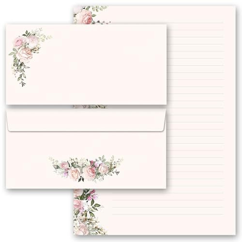 Writing Paper Set 40 Pieces Rose Pracht 20 Sheets Writing Paper + 20 Matching Envelopes without Window DIN A4 & DIN Long in Set Rose Motif