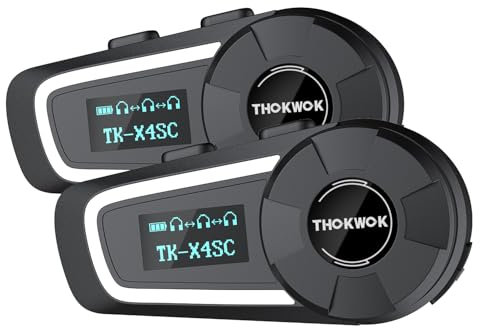 THOKWOK 2X TK-X4SC Intercomunicador Casco Moto, Kit Manos Libres Moto 6 vías Sistema Comunicación Grupal de 2000 m, Auriculares con Bluetooth 5.1/Pantalla LCD/Estéreo Hi-Fi/Compartición Música
