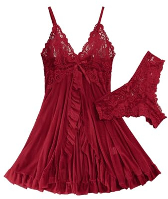Foxiny Sexy Ruffle Sheer Mesh Lace Wireless Babydoll Lingerie Dress with Thong 2 Piece Women Panty Set Negligee Nighty Night Gown Sleep Wear Ruched See Through Wine Red Medium