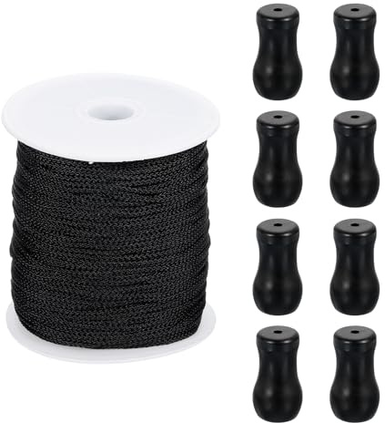 sourcing map Braided Lift Shade Cord, 1.8 mm 110 Yards/Roll Nylon Cord String with 8Pcs Wood Blind Pull Cord Knobs for Roman Blind Shade Rollers Repair Curtain Craft DIY (Black)