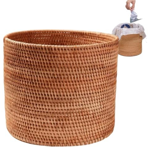 Handmade Rattan Trash Can,Cylinder Storage Desktop Trash Can,Mini Rattan Trash Can Storage Basket,Narrow Bathroom Garbage Can, Waste Basket for Office Home/9 x 8