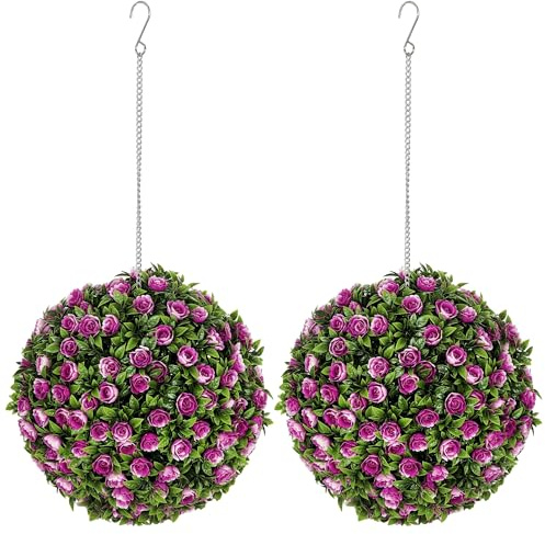 HOMCOM Set of 2 Decorative Artificial Plants, UV-protected Artificial Plant Topiary Rose Balls, Fake Plants for Home Indoor outdoor Decor, 28cm, Purple
