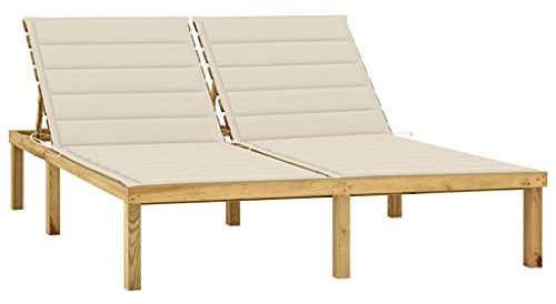 LVHUIDEH Doppel-Sonnenliege mit Auflagen, Wetterfest Liegestuhl, Lamellendesign, Gartenliege für Patio/Strand/Terrasse/Pool, 200 x 138 x (31,5-77) cm, Kiefer Imprägniert
