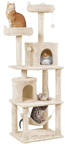 Yaheetech 179 cm Cat Tree for Large Cats with 2 Condos, Beige | Cat Tower for Indoor Cats, Multi-Level Cat Scratching Post, 2 Perches, Hammock, Dangling Ball, 61x 49cm Base