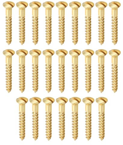 PATIKIL M3.5 x 25mm Slotted Wood Screw, 25 Pack Solid Brass Oval Head Flat Head Self Tapping Screws for Wood Furniture Connecting, Gold Tone