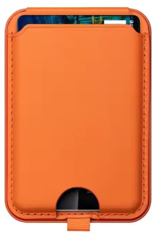 MagSafe Mobiltelefonplånbok av veganskt läder – plånbok med magnetisk korthållare för iPhone 16, 15, 14, 13, 12/Pro/Pro Max/Plus – plats för upp till 3 kort (orange)