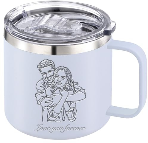 Personalisiert Tasse 350ml 410ml Isoliert Kaffeetasse mit Namen Logo Foto Text Gravur Kundengebundene Edelstahl Becher mit Griff Deckel Geschenke für Frauen Männer