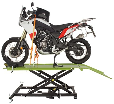 TRUTZHOLM Motorradhebebühne hydraulisch Tragkraft 560 kg Schwerlast Scherenheber Hubbereich 19-84 cm Nutzbreite 60 cm abnehmbare Auffahrrampe 4 Halteösen 45° Vorderradklemmung Hebebühne (Grün)