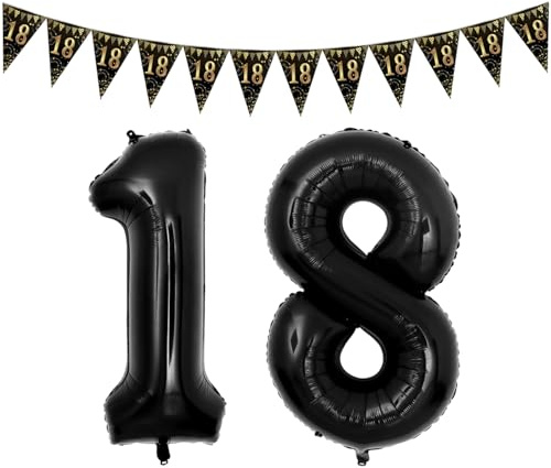 YSDYY 2 Piezas De Globos Digitales Y 1 Pieza De Banderín, Fiesta De Cumpleaños Número 18, Películas De Aluminio Inflable, Decoración De Fiestas -Accesso (Negro).