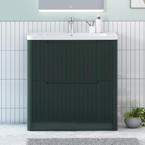 Royal Bathrooms Avenza 800mm Fluted Bathroom Vanity Unit with Ceramic Basin Deep Moss Green Floor Standing 2 Drawer Soft Close Storage Cabinet Modern Cloakroom Under Sink Furniture