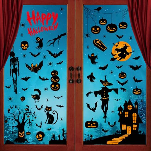 Zimoer 9 Fogli Adesivi per Finestre Halloween, Decorazioni Festa Halloween con Streghe, Pipistrelli, Zucche, Fantasmi, Ragnatele per Casa Ufficio Vetrina, Riutilizzabili e Doppia Faccia