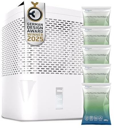 BonAura® Luftentfeuchter ohne Strom + 5x 680g Luftenfeuchter Nachfüllpack - Raumentfeuchter bis 23m² für Keller, Bad uvm. - Entfeuchter und Luftentfeuchter Granulat im Set - Schutz vor Schimmel