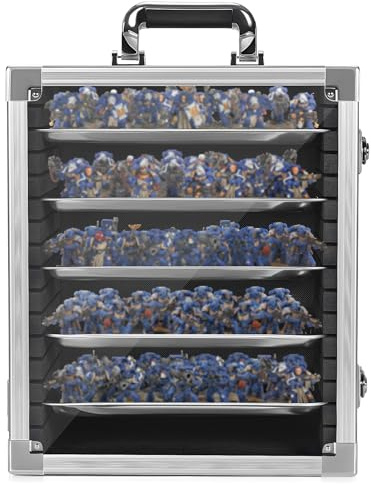 FREEAMG Miniatures Carry Case with Lock, 5 Metal Trays & Aluminium Alloy Frame, Portable Miniature Transport Case for Collectibles (Silver)