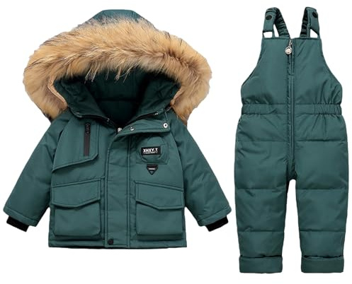 Traje de nieve de 2 piezas para bebé, aislado, con capucha de piel sintética, trajes de esquí impermeables para niñas y niños, conjunto de abrigo de invierno para niños, verde, 3-4 años