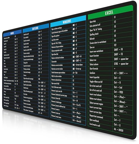 TITANWOLF - XXL Speed Gaming Mauspad 1200 x 600mm - Excel Windows Outlook Word Shortcut Tastenkürzel auf ENGLISCH - Schwarz