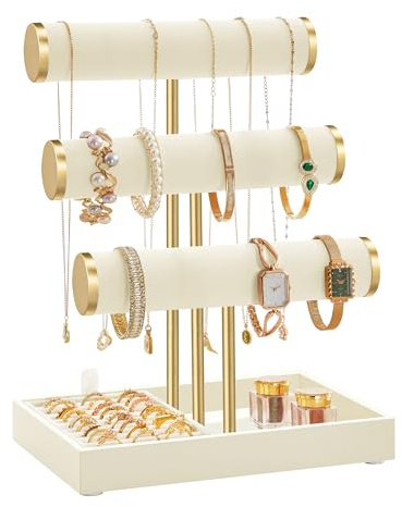 SONGMICS Schmuckständer, Armbandständer, 3 Ebenen, Tabletts aus Samt, abnehmbare Halterung, Cremeweiß und Hellgold JJS027W101 | CAELEY JJS027W101 Schmuckorganizer, abnehmbarer Ringhalter, cremeweiß und hellgold, Kollektion CAELEY