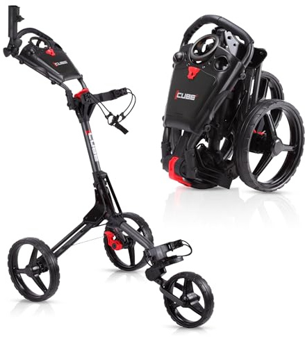 CUBE CART 3-Wheel Golf Push Cart – Ultra-Compact Two-Step Folding Golf Trolley, Lightweight 14.5 lb Frame, Adjustable Handle, Foot Brake, Umbrella Holder & Built-in Storage - Charcoal/Black