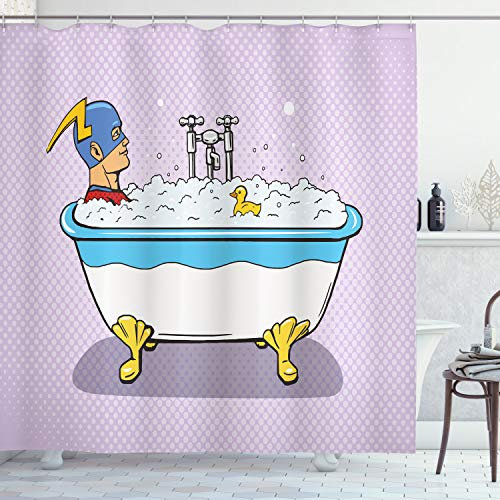 ABAKUHAUS Comic Duschvorhang, Superheld Schaumbad, Stoffliches Gewebe Badezimmerdekorationsset mit Haken, 175 x 180 cm, Lila Blau