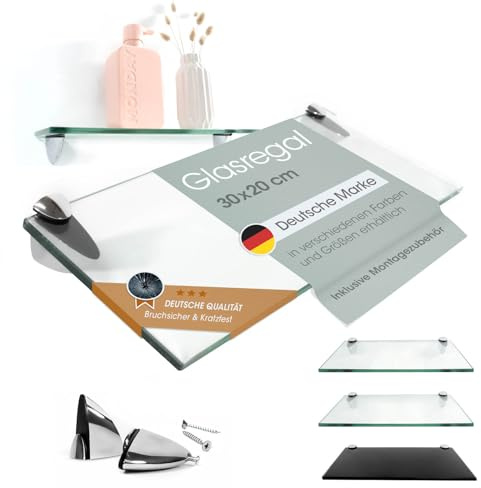 Rapid Teck Glas Wandregal Klarglas transparent 30cm x 20cm - Glasregal mit 8mm ESG Sicherheitsglas - Glasregal perfekt als Badablage Glasablage für Badezimmer - Verschiedene Größen wählbar