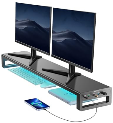 VAYDEER Dual Monitor Stand Riser, 3 USB Ports, Black | 20W USB-C Charging, RGB Lighting, Metal Construction, For Monitors, Laptops and Desk Organisation