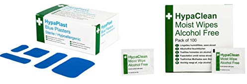 Safety First Aid Group HypaClean Moist Wipes with HypaPlast Blue Visually Detectable Plasters, Assorted (Pack of 100)