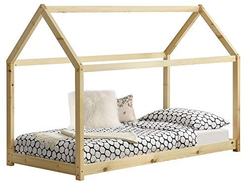 [en.casa] Lit d'enfant Solide Forme Maison Design Construction Robuste Capacité de Charge 50 kg Bois de Pin 140 x 70 cm Pin Naturel