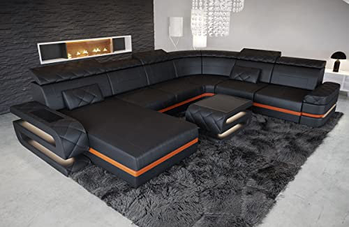 XXL Sofa Bologna Wohnlandschaft in Leder mit USB-Anschluss Beleuchtung Stauraum Ledersofa mit Kopfstützen im modernen Design (Ottomane Links (auf Sofa blickend), Schwarz-Orange)