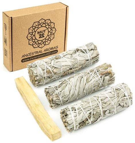 MUT22 3 Weißer Salbei und 1 Palo Santo Premium Kalifornischer - 100% natürlich und reinigend, ideal für spirituelle und energetische Rituale