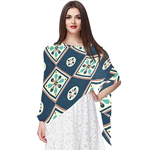 Chiffon-Schal, leicht, weich, durchsichtig, lang, für alle Jahreszeiten, dunkelblaue Fliesen, mehrfarbig