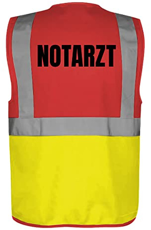 Fassbender-Druck WARNWESTEN - Sicherheitsweste GELB mit Taschen und Reißverschluss nach EN ISO 20471 zertifiziert - Warn Weste für NOTARZT - Unisex mit hochwertigem Reflektorstreifen