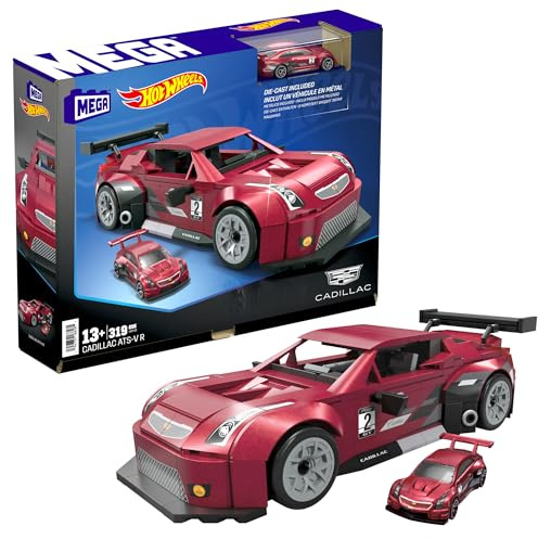 MEGA Hot Wheels Zusammenbaubares Autospielzeug zum Sammeln, Cadillac ATS-V R mit 319 Teilen und Die-Cast-Modell, Set für Sammler zum Zusammenbauen und Präsentieren, rot, HRY18
