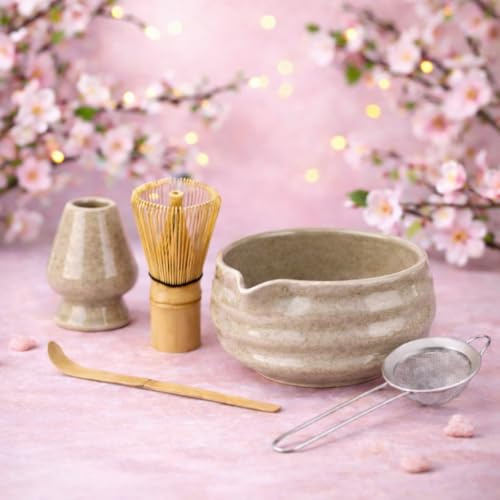 Marce Matcha Whisk Set- Matcha Set includes Matcha Whisk and Bowl (Bowl with Spout), Sifter, Holder and Scoop- The Perfect Bamboo Whisk for Matcha Tea (Molted Green)