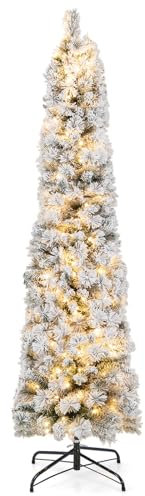 COSTWAY 180cm Árbol de Navidad Artificial, 150 Luces LED Blancas Cálidas, Árbol de Navidad en Forma de Lápiz Nevado, 373 Puntas de Rama de PE y PVC, Agujas de Pino, Navidad Decoración