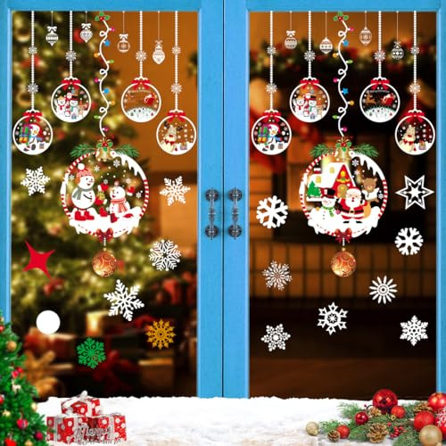 Fensterbilder Weihnachten Selbstklebend, Fenstersticker Weihnachts Fensterdeko Wiederverwendbar Statisch Haftende PVC Weihnachtsdeko, Kinder Schneeflocken Fensterbild Winter Deko Fenster Tür Aufkleber