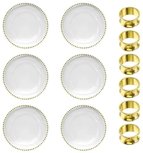 Trimming Shop 13 Inch Round Clear Glass Charger Plates with Gold Beads & Hammered Design Napkin Rings Pack of 6 Perfect for Wedding, Dinner Party & Table Décor.