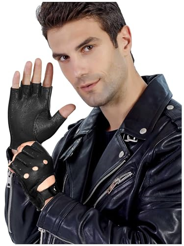 GSG SINCE 1998 Men’s Fingerless Leather Driving Gloves – Sheepskin Half Finger Gloves with Ventilated Palm, Unlined Breathable Design for Driving, Cycling & Motorbike Black Small