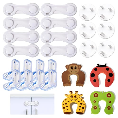 26 Pcs Strong Adhesive Cupboard Locks Set with Plug Cover,Anti-Bump L-Corner and Finger Anti Pincer for Children,No Drilling Safety Locks for Children,Plastic Child Locks for Kitchen Furniture