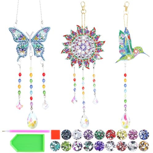 GLXPOG Kristall Diamond Painting Set, Doppelseitige Hängende Ornamente - Diamond Painting Schmetterling, Sonnenfänger,Vogel - Für Erwachsene & Kinder ab 8(3 pack)