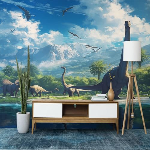 Fototapeten Impressionismus Tier Dinosaurier Wandtapete B200 x H140 cm, Blau Vliestapete Wandbilder Tapete 3D Effekt für Wohnzimmer Schlafzimmer Kinderzimmer Wanddekoration Kindertapete
