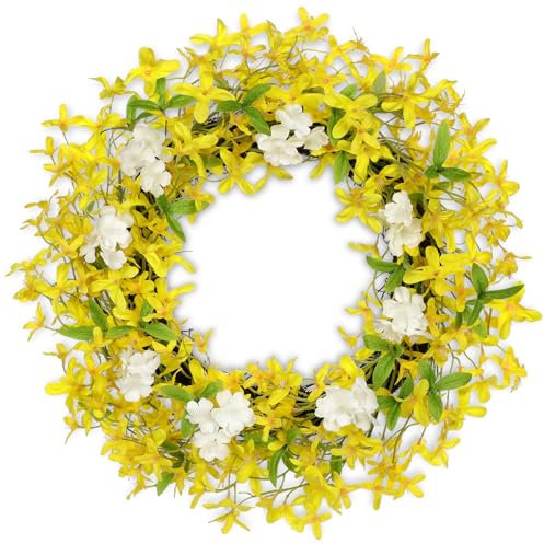 Oairse 20/50cm Artificial Forsythia Flowers Wreath Spring Summer Wreath Faux Floral Wreath Yellow Forsythia Door Wreaths for Front Door Home Kitchen Wall Window Mantle Farmhouse Indoor Outdoor Decor