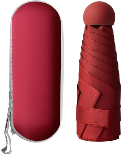 Paraguas de Sol y Lluvia Compacto Plegable, Mini con Estuche de Cápsula, Protección UV Impermeable, Paraguas de Bolsillo Portátil (Vino Rojo)