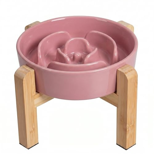 Gamelle Anti-Glouton Surélevée pour Chien - Bol en Céramique avec Support en Bambou - Idéale pour Chiens de Petite et Moyenne Taille - Rose - 17 cm