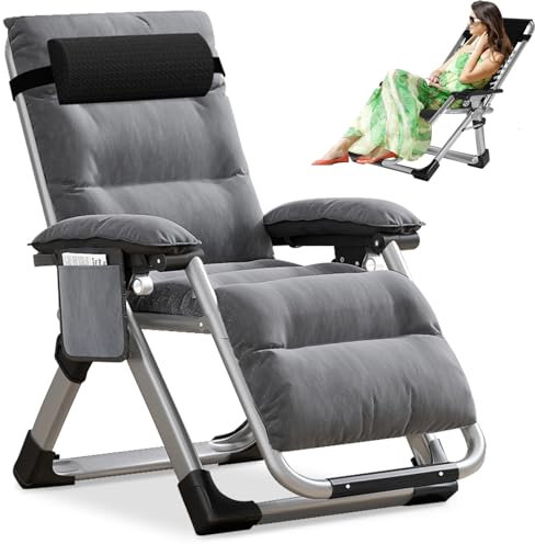 ZIKEBTUY Garten Sonnenliege Klappstühle Belastbar bis 200 kg Zero Gravity Chair Gartenstuhl Klappbar Relaxliege Einstellbarer Winkel Gartenliege mit Matratze, Kissen und Seitentasche In-Outdoor (Grau)