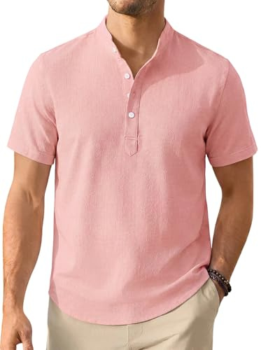 Enlision Camicia Lino Uomo Manica Corta Camicie Estive Uomo Collo Coreana Elegante Casual Spiaggia Ampia Maglietta Lino con Bottoni Henley Shirt