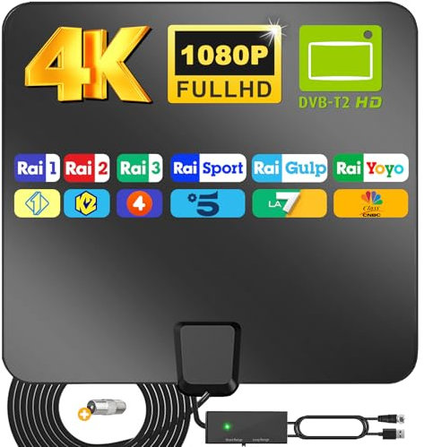 Yowrepu Antenna TV Interna, Antenna TV Digitale Terrestre per DVB-T2/4K/1080P/VHF/UHF, Antenna Amplificata Potente con 5m Cavo Coassiale, Antenna Portatile Da Interno per Uso Domestico/Aziendale- Nero