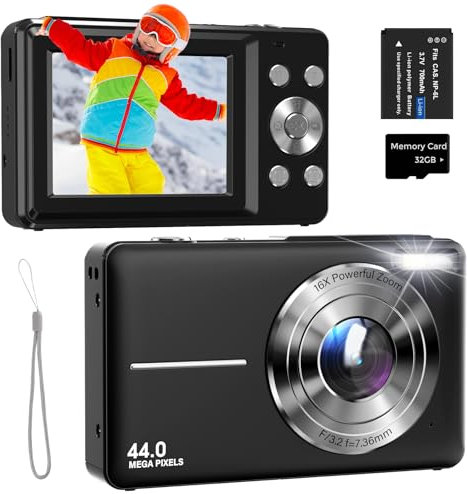 Appareil Photo Numérique 44MP 1080P FHD Appareil Photo Compact avec Zoom Numérique 16X, Écran de 2,4 et Carte 32GB, Une Batterie pour Adolescents, Enfants et Débutants Noir