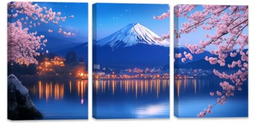 ZQQART Juego de 3 lienzos de cerezo en flor de cerezo para pared, imagen japonesa Fuji, cuadros de cerezo en flor, decoración de paisaje asiático enmarcado (azul, 11 x 14 x 30 x 3 piezas)